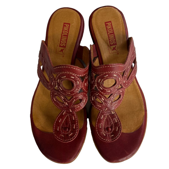 Pikolinos Thong Sandals Womens Size 6.5-7 Bohemian Red Leather Stitched - Picture 1 of 16